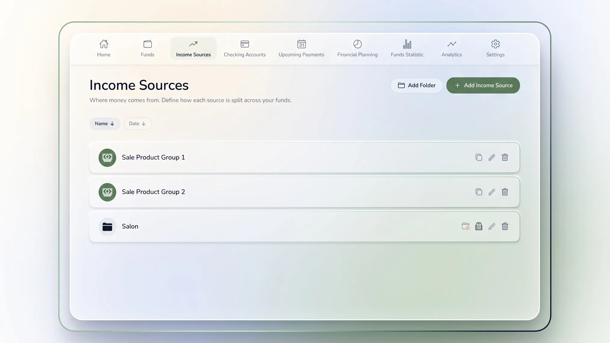 Finsway income sources screen with recorded income groups
