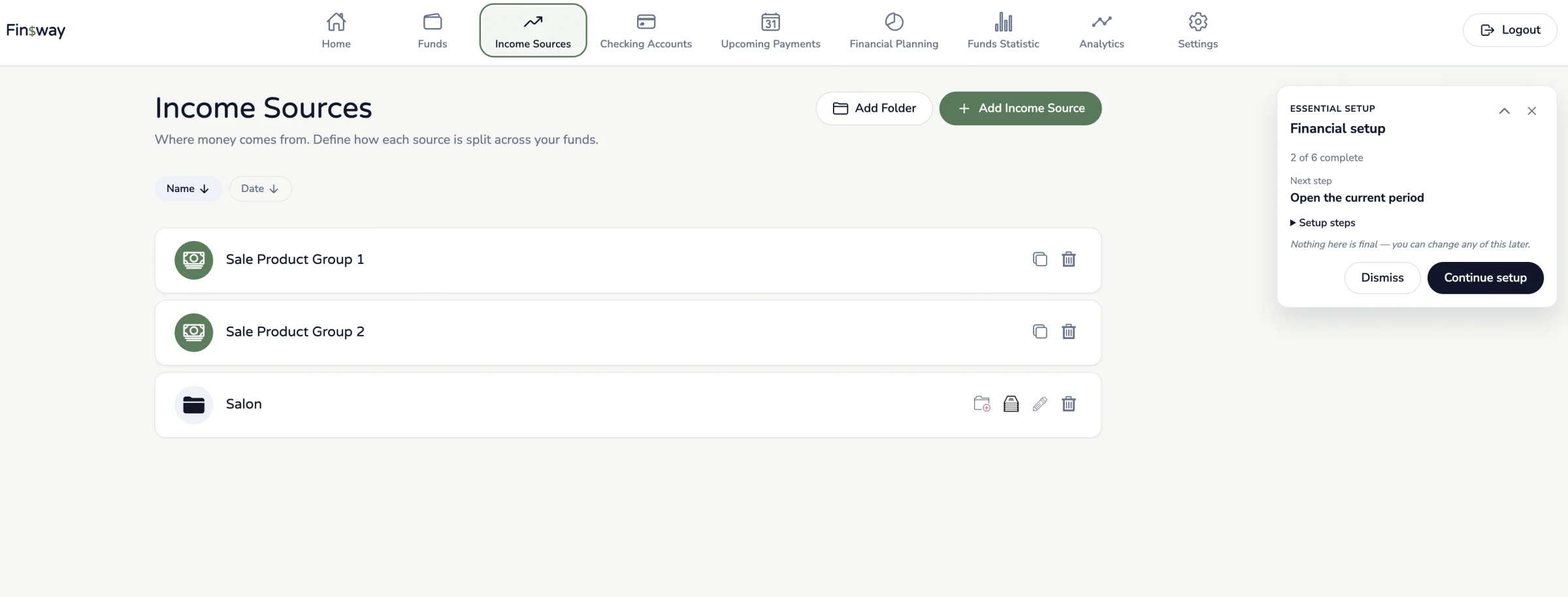 Finsway Income Sources screen showing where incoming business payments came from