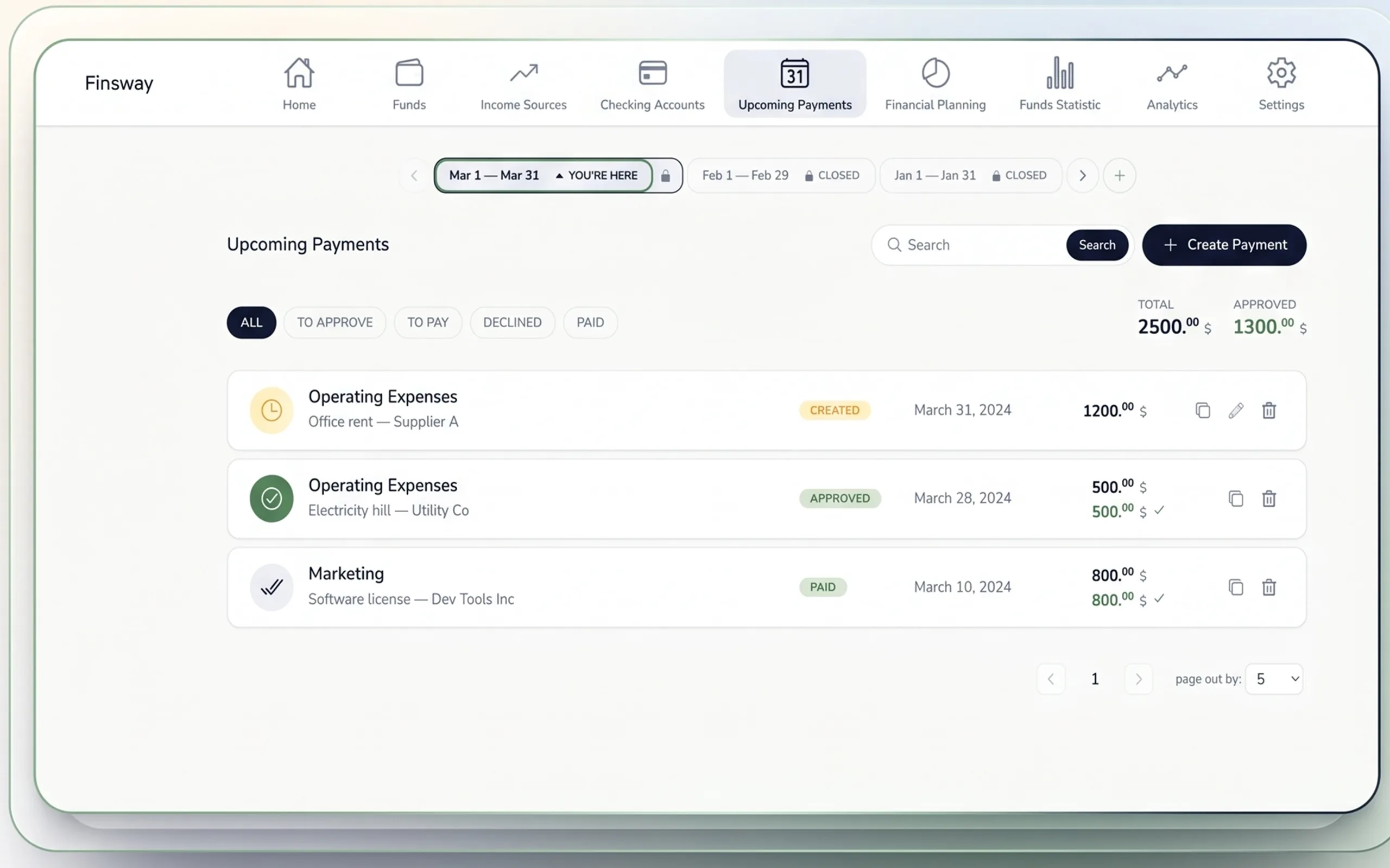 Finsway upcoming payments screen showing created, approved, and paid obligations